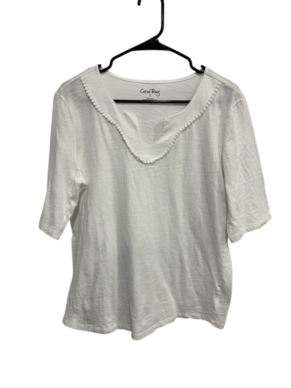 Coral Bay White Cotton Top Scoop Neck Pom Trim Size Large Coastal Cottagecore